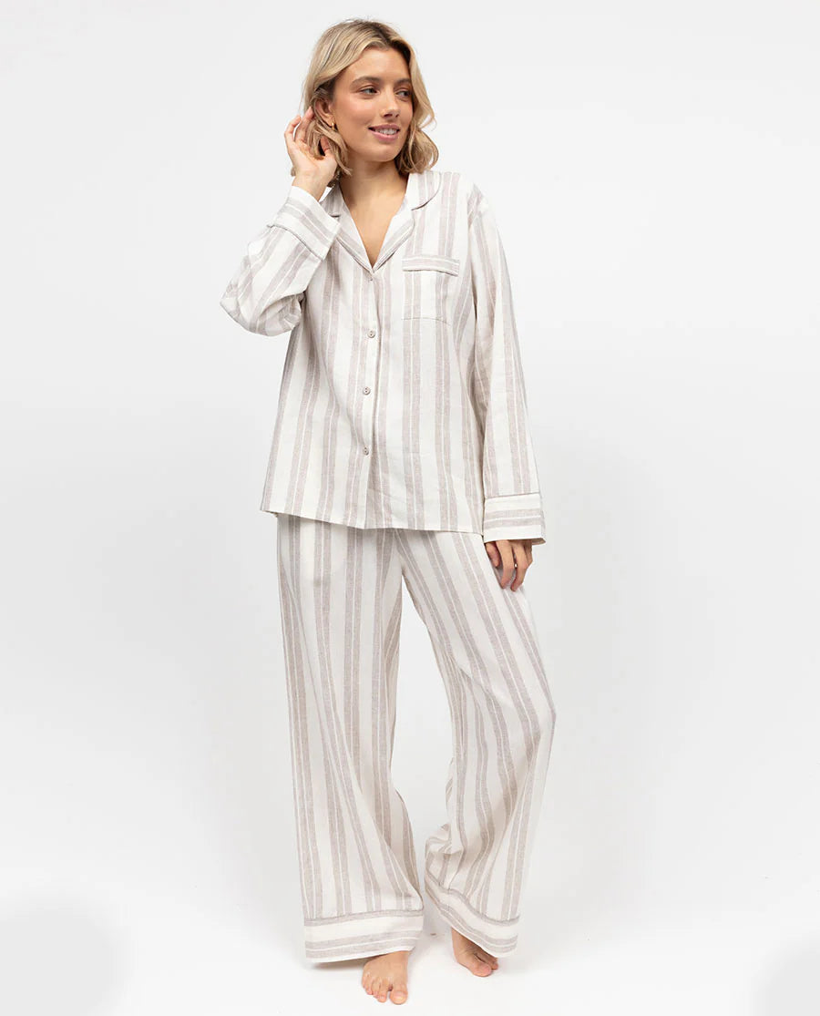 The Linen Edit Womens Mocha Stripe Wide Leg Pajama Set