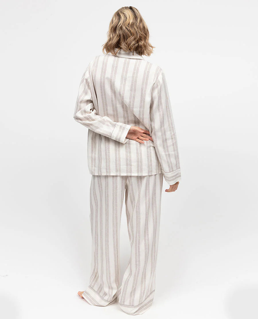 The Linen Edit Womens Mocha Stripe Wide Leg Pajama Set