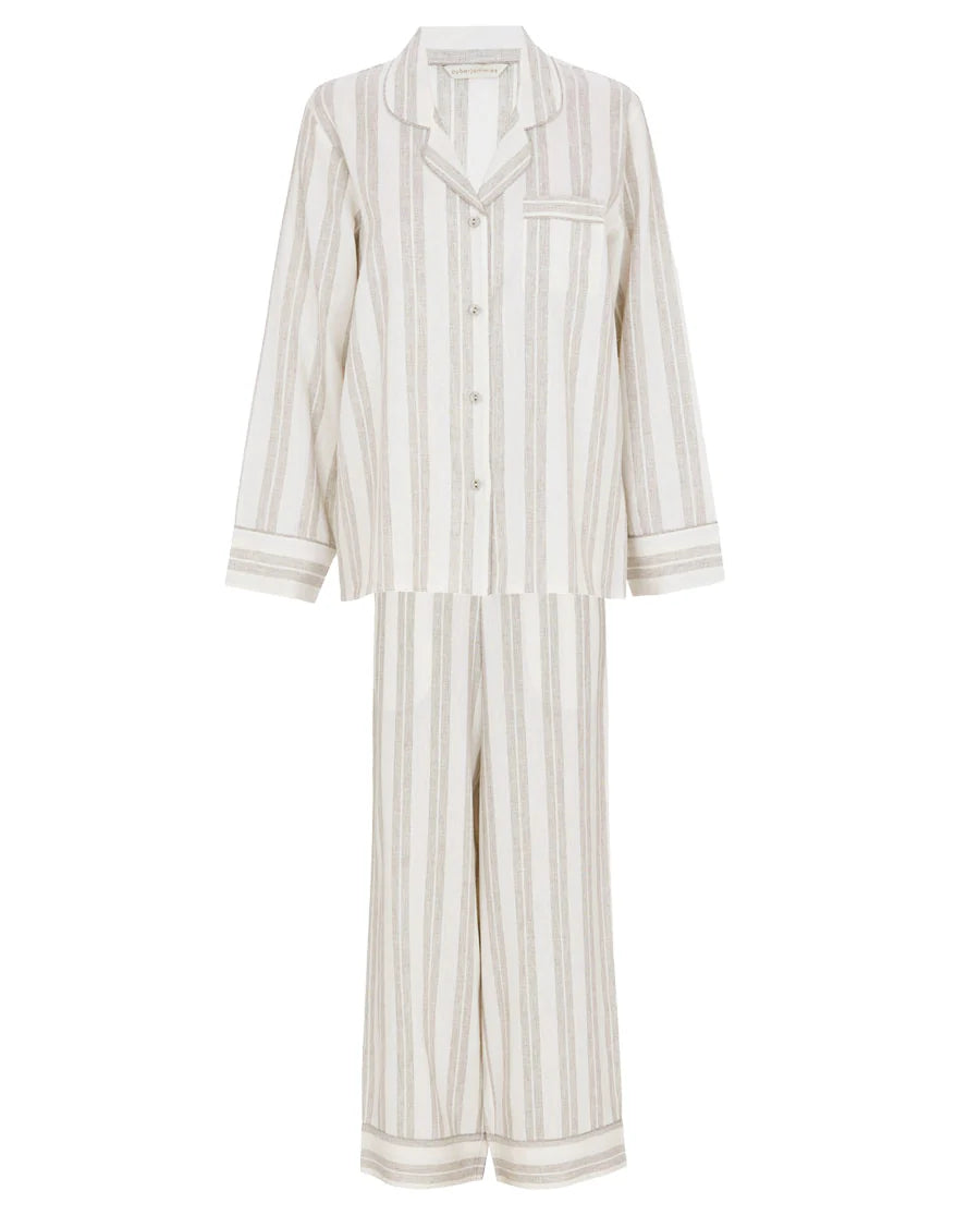 The Linen Edit Womens Mocha Stripe Wide Leg Pajama Set